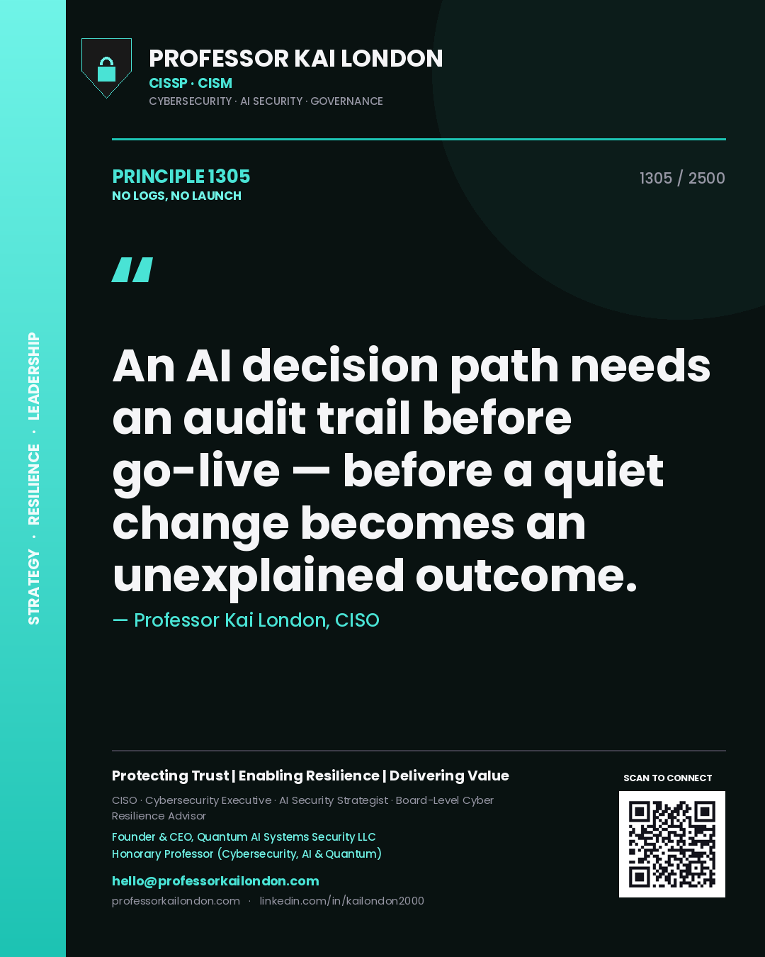 Professor Kai London principle 1305: An AI decision path needs an audit trail before go-live — before a quiet change becomes an unexplained outcome.