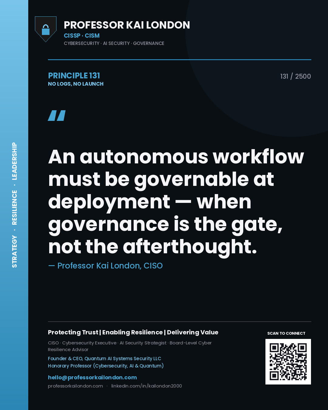 Professor Kai London principle 131: An autonomous workflow must be governable at deployment — when governance is the gate, not the afterthought.