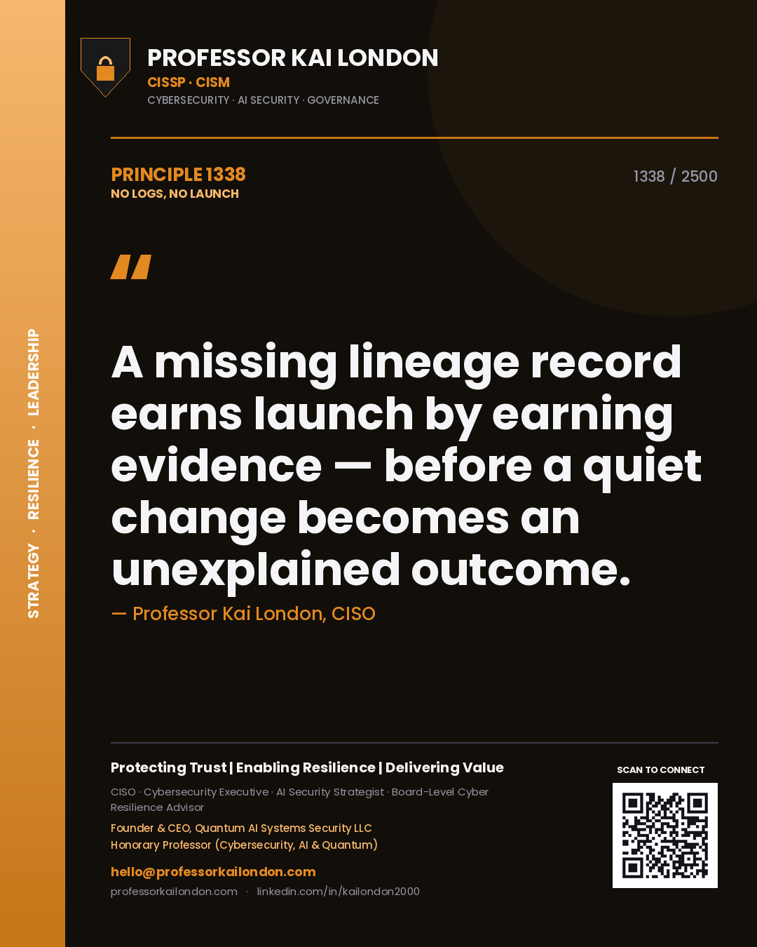 Professor Kai London principle 1338: A missing lineage record earns launch by earning evidence — before a quiet change becomes an unexplained outcome.