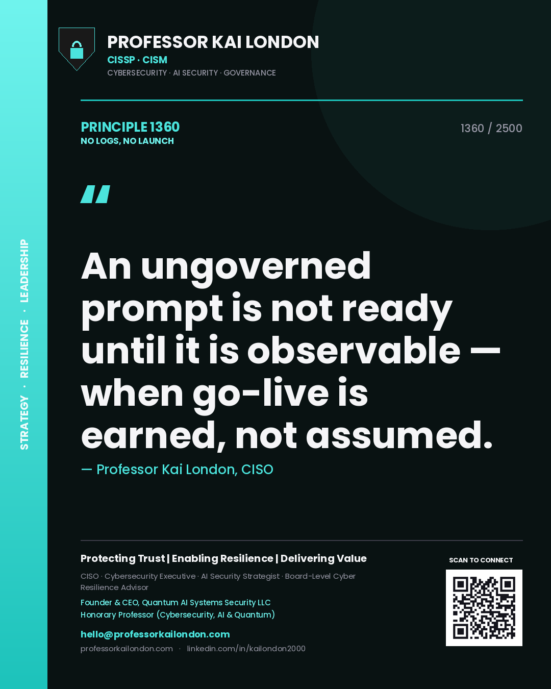 Professor Kai London principle 1360: An ungoverned prompt is not ready until it is observable — when go-live is earned, not assumed.