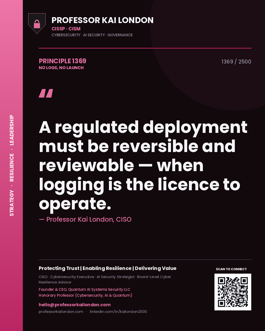 Professor Kai London principle 1369: A regulated deployment must be reversible and reviewable — when logging is the licence to operate.