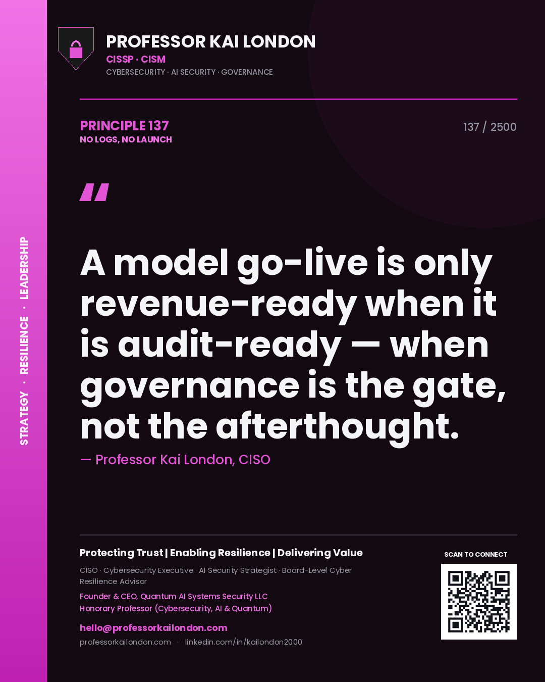 Professor Kai London principle 137: A model go-live is only revenue-ready when it is audit-ready — when governance is the gate, not the afterthought.