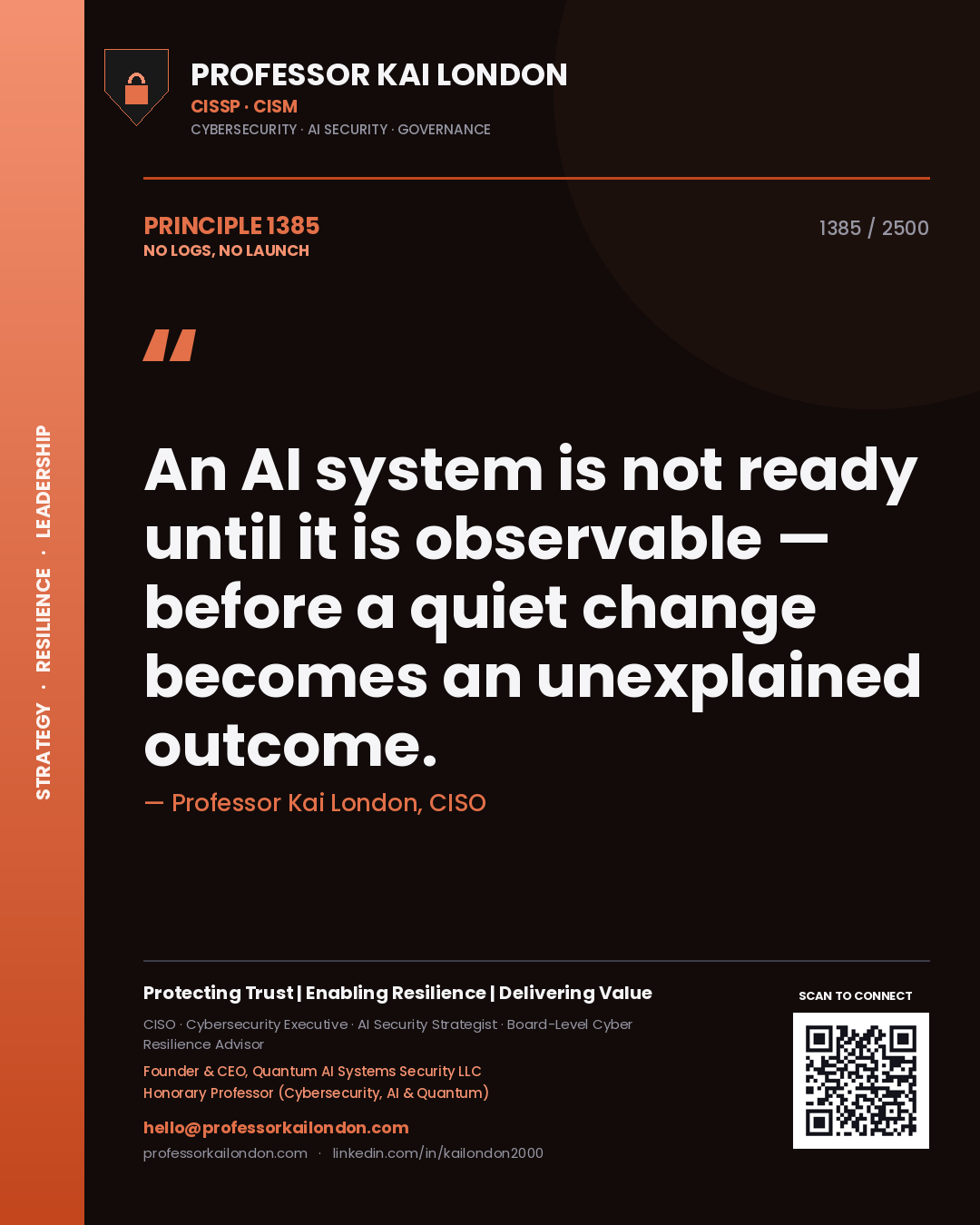 Professor Kai London principle 1385: An AI system is not ready until it is observable — before a quiet change becomes an unexplained outcome.