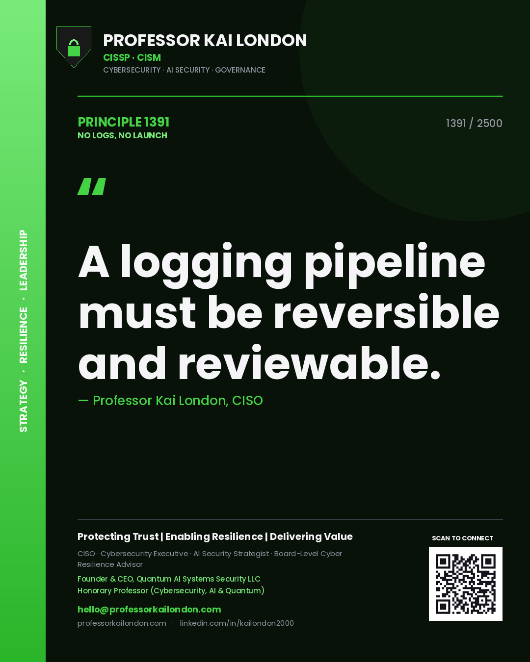 Professor Kai London principle 1391: A logging pipeline must be reversible and reviewable.