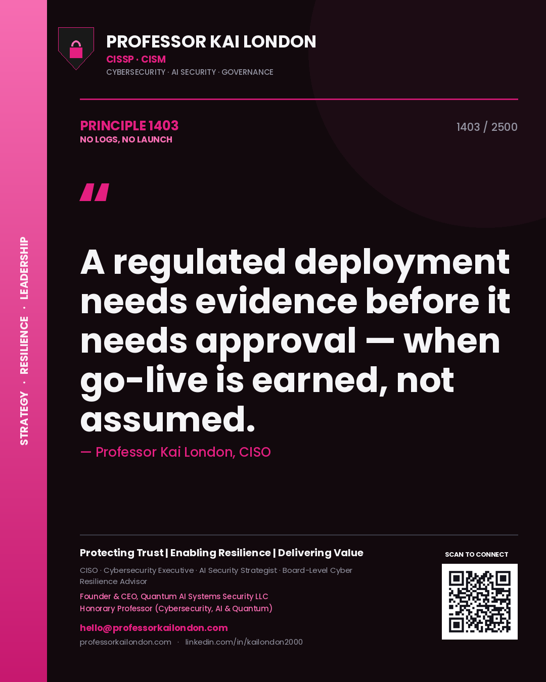 Professor Kai London principle 1403: A regulated deployment needs evidence before it needs approval — when go-live is earned, not assumed.