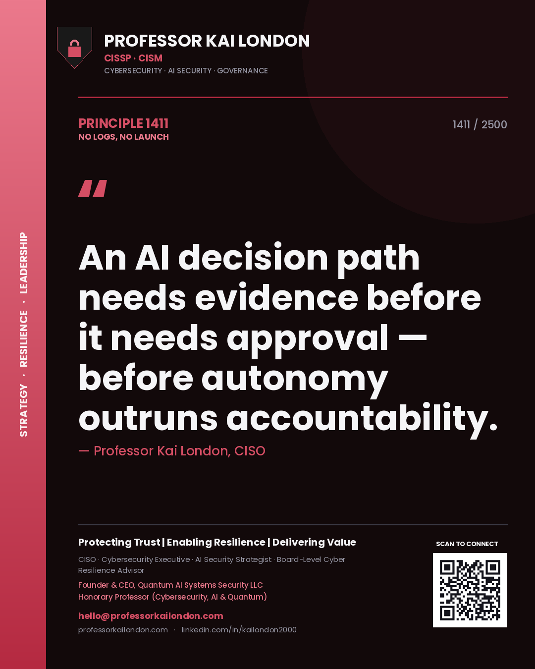 Professor Kai London principle 1411: An AI decision path needs evidence before it needs approval — before autonomy outruns accountability.