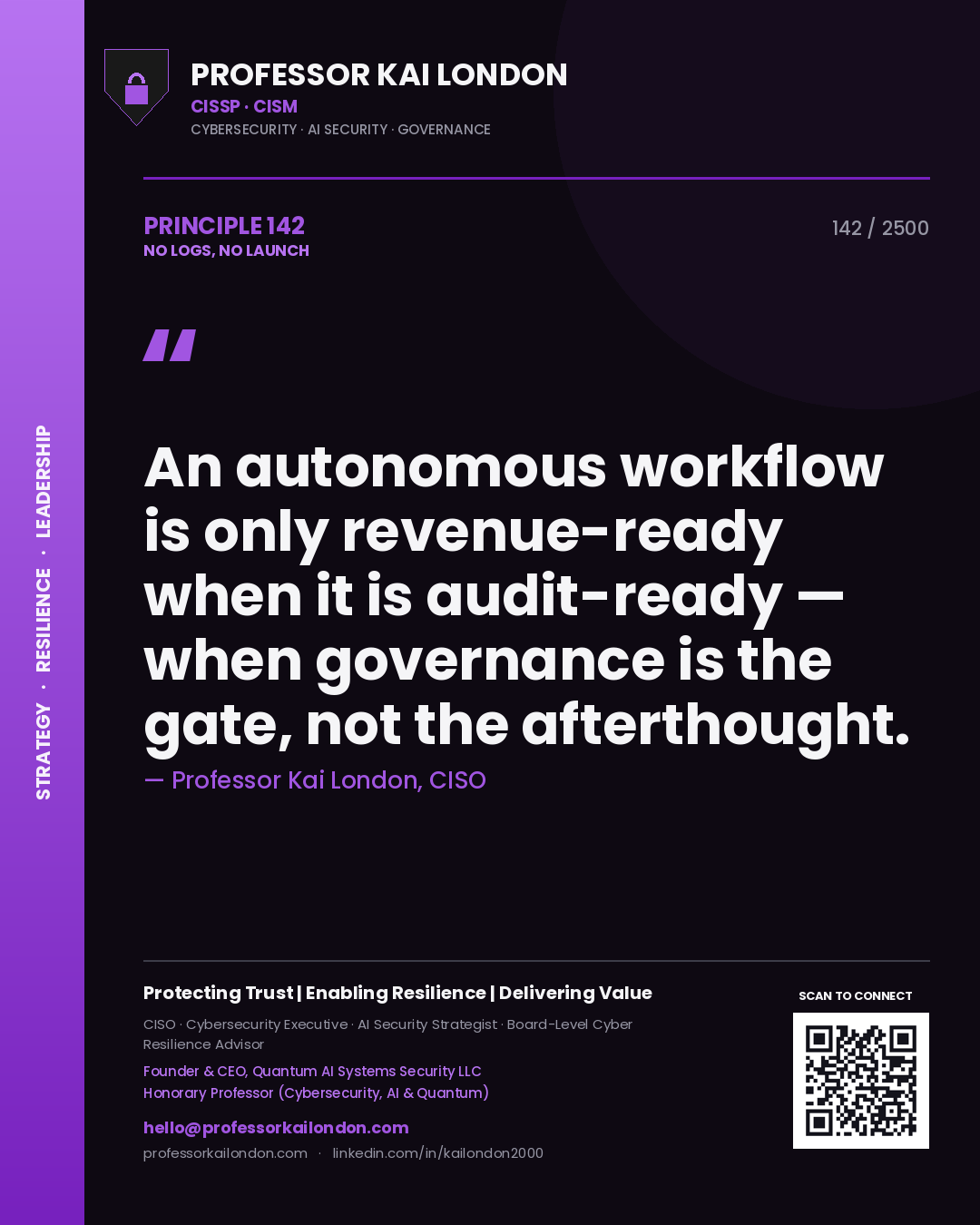 Professor Kai London principle 142: An autonomous workflow is only revenue-ready when it is audit-ready — when governance is the gate, not the afterthought.