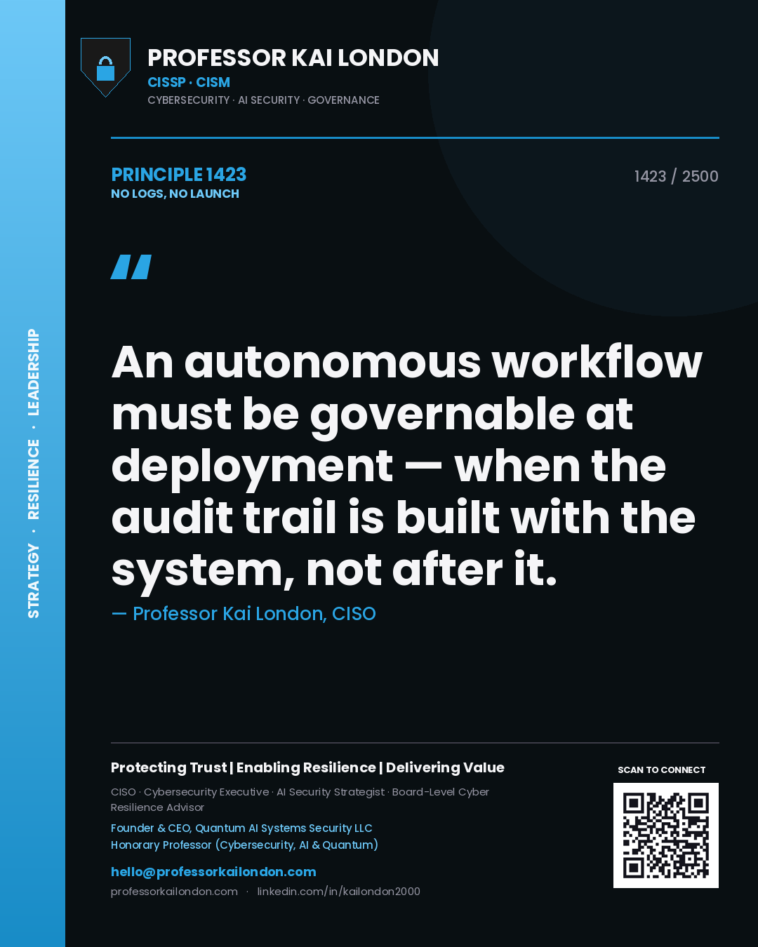 Professor Kai London principle 1423: An autonomous workflow must be governable at deployment — when the audit trail is built with the system, not after it.