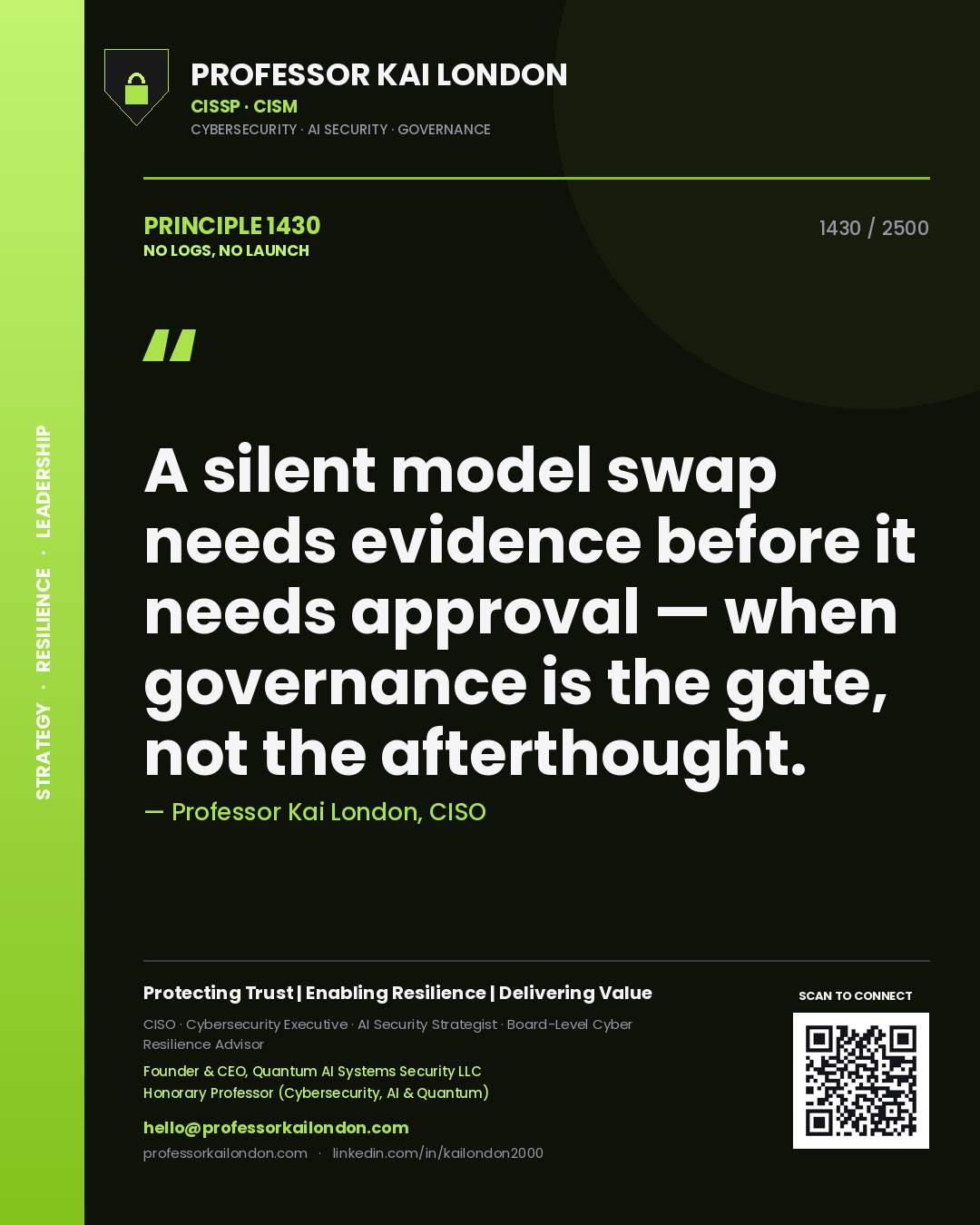 Professor Kai London principle 1430: A silent model swap needs evidence before it needs approval — when governance is the gate, not the afterthought.