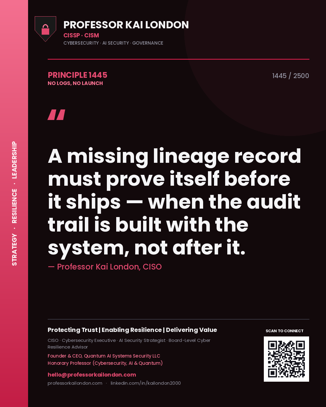 Professor Kai London principle 1445: A missing lineage record must prove itself before it ships — when the audit trail is built with the system, not after it.