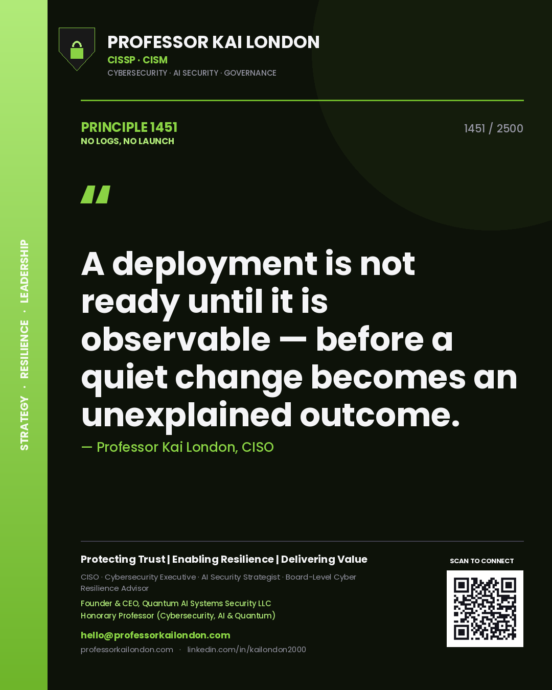 Professor Kai London principle 1451: A deployment is not ready until it is observable — before a quiet change becomes an unexplained outcome.