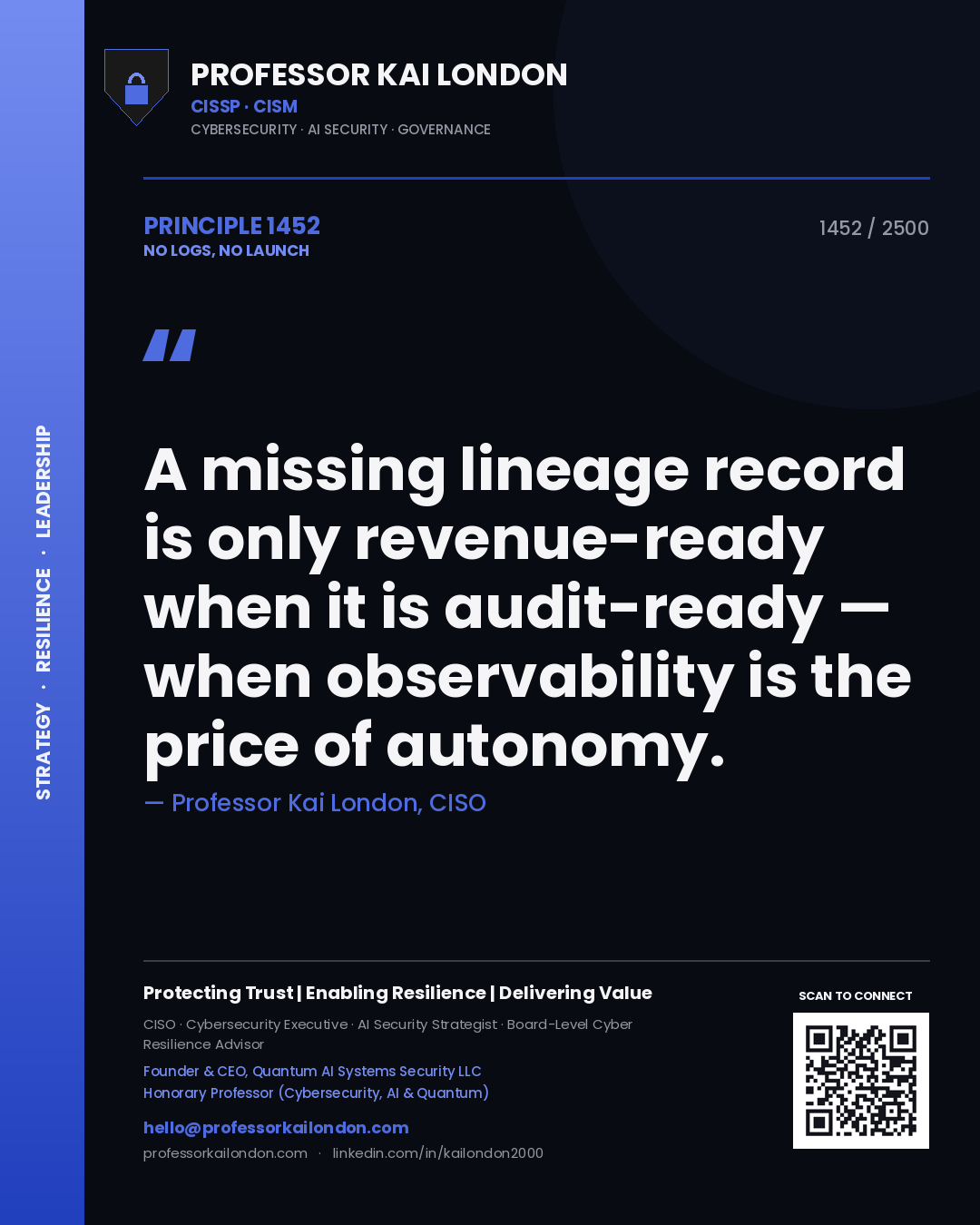 Professor Kai London principle 1452: A missing lineage record is only revenue-ready when it is audit-ready — when observability is the price of autonomy.