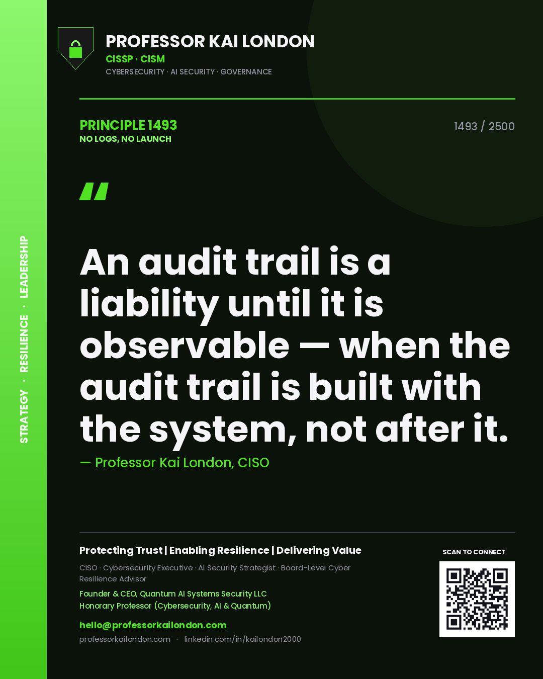 Professor Kai London principle 1493: An audit trail is a liability until it is observable — when the audit trail is built with the system, not after it.