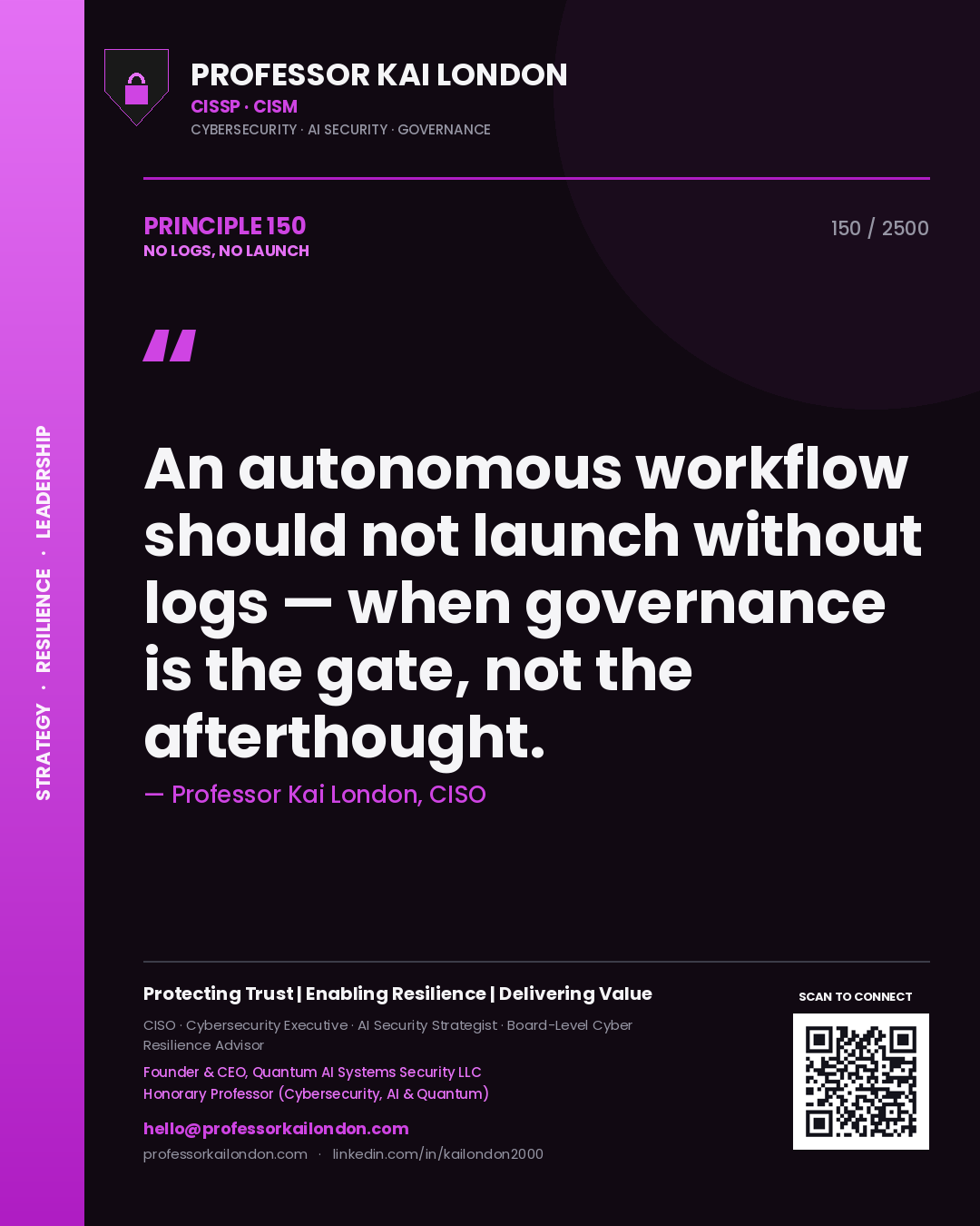Professor Kai London principle 150: An autonomous workflow should not launch without logs — when governance is the gate, not the afterthought.