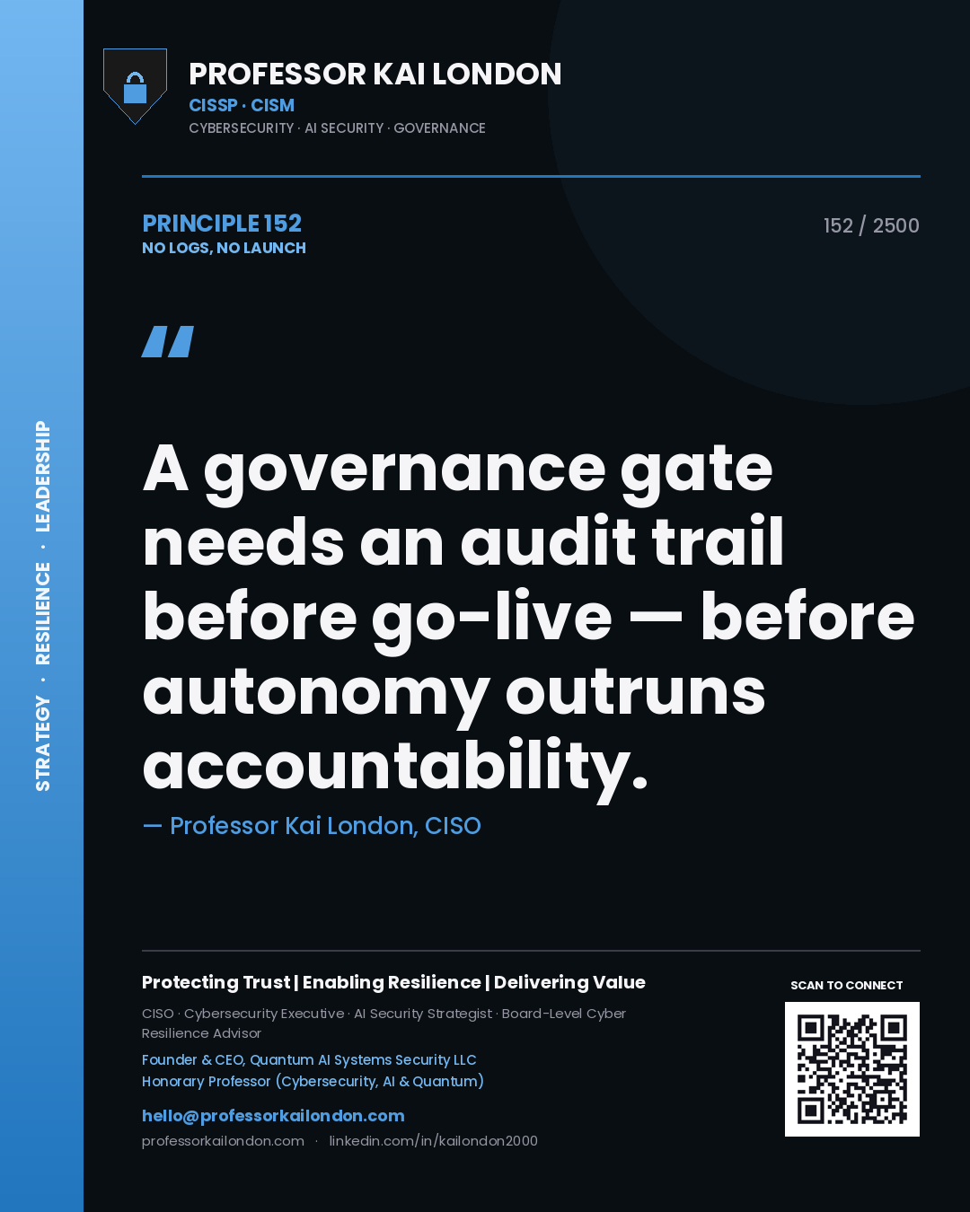 Professor Kai London principle 152: A governance gate needs an audit trail before go-live — before autonomy outruns accountability.