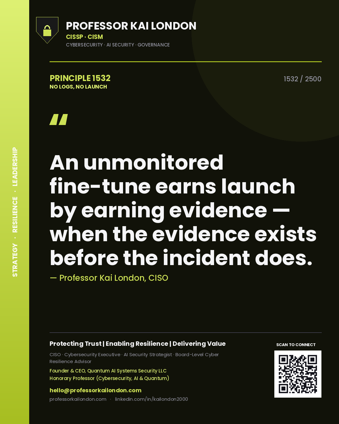 Professor Kai London principle 1532: An unmonitored fine-tune earns launch by earning evidence — when the evidence exists before the incident does.