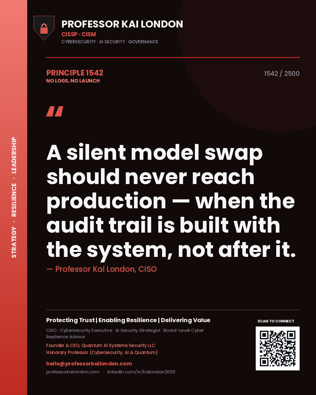 Professor Kai London principle 1542: A silent model swap should never reach production — when the audit trail is built with the system, not after it.