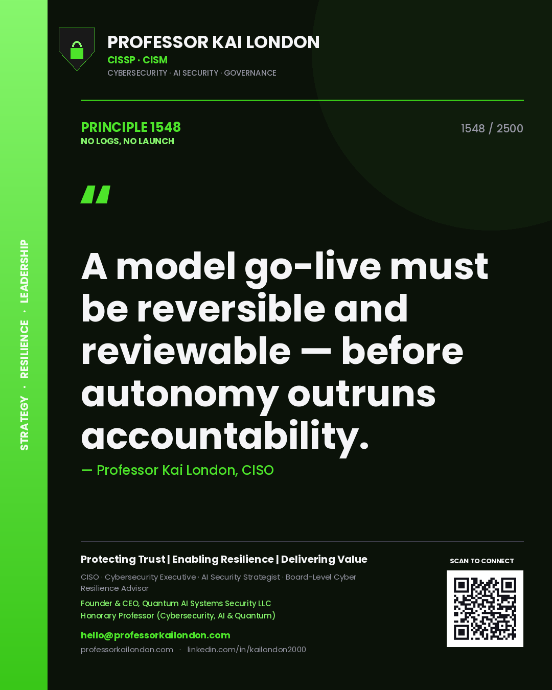 Professor Kai London principle 1548: A model go-live must be reversible and reviewable — before autonomy outruns accountability.