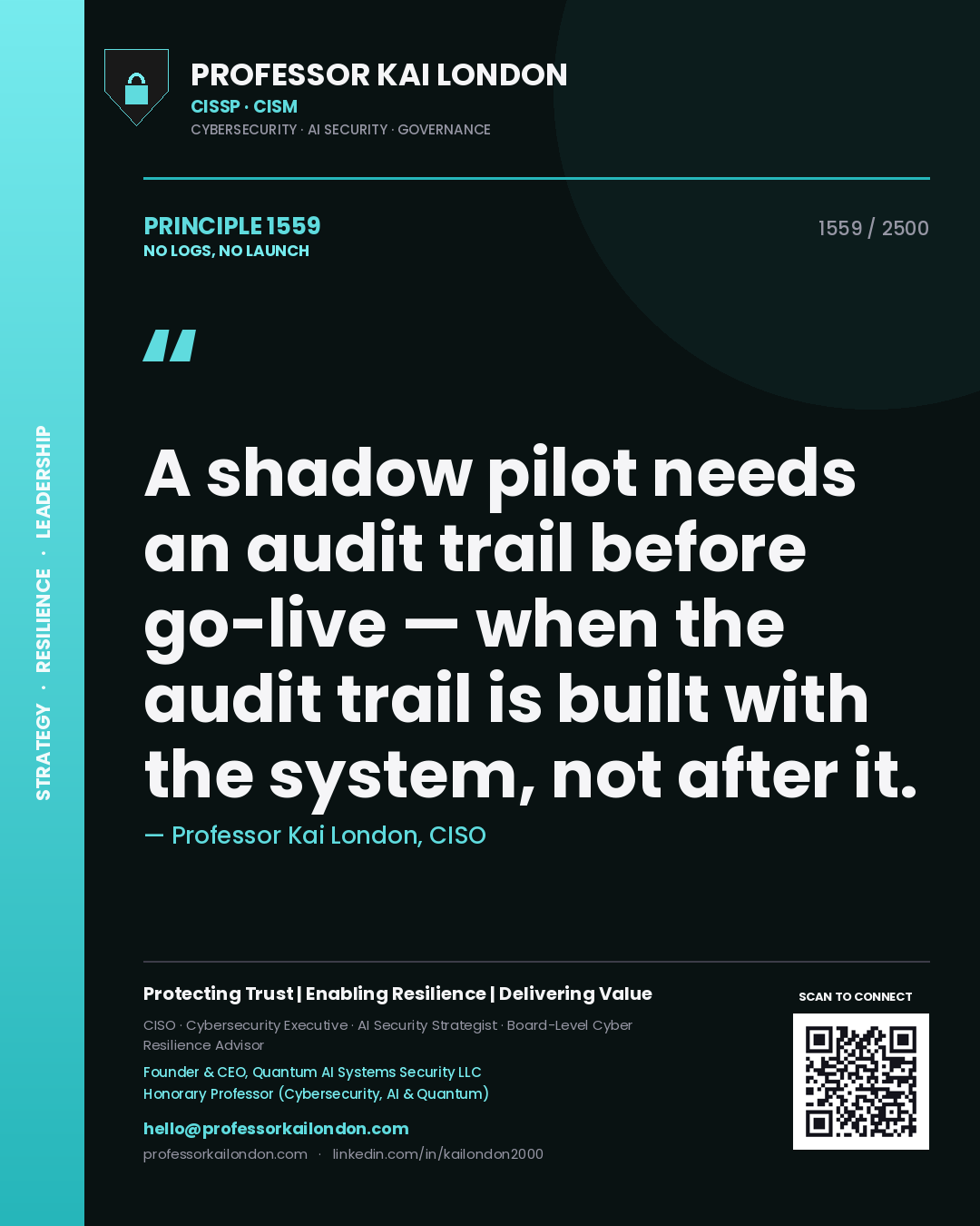 Professor Kai London principle 1559: A shadow pilot needs an audit trail before go-live — when the audit trail is built with the system, not after it.