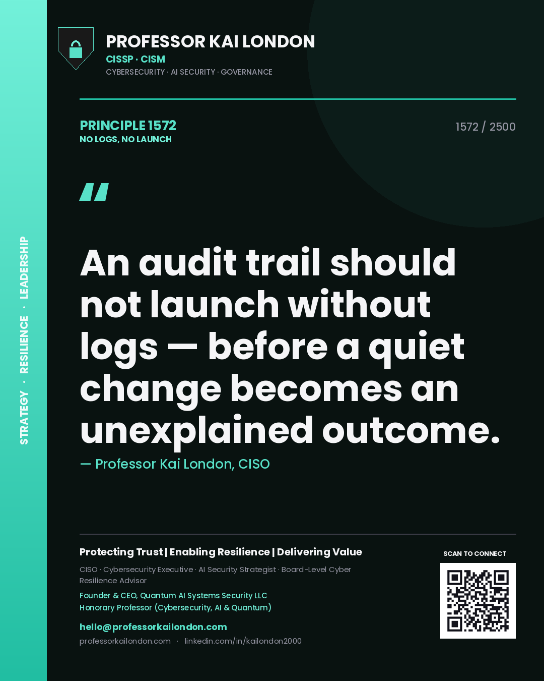 Professor Kai London principle 1572: An audit trail should not launch without logs — before a quiet change becomes an unexplained outcome.