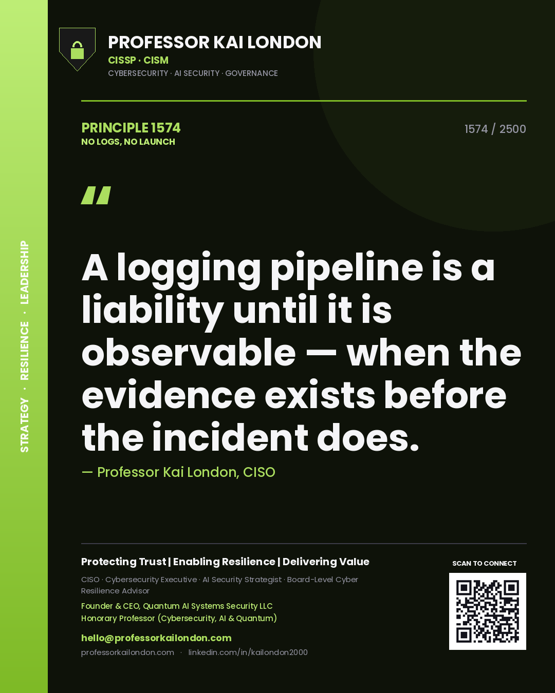 Professor Kai London principle 1574: A logging pipeline is a liability until it is observable — when the evidence exists before the incident does.