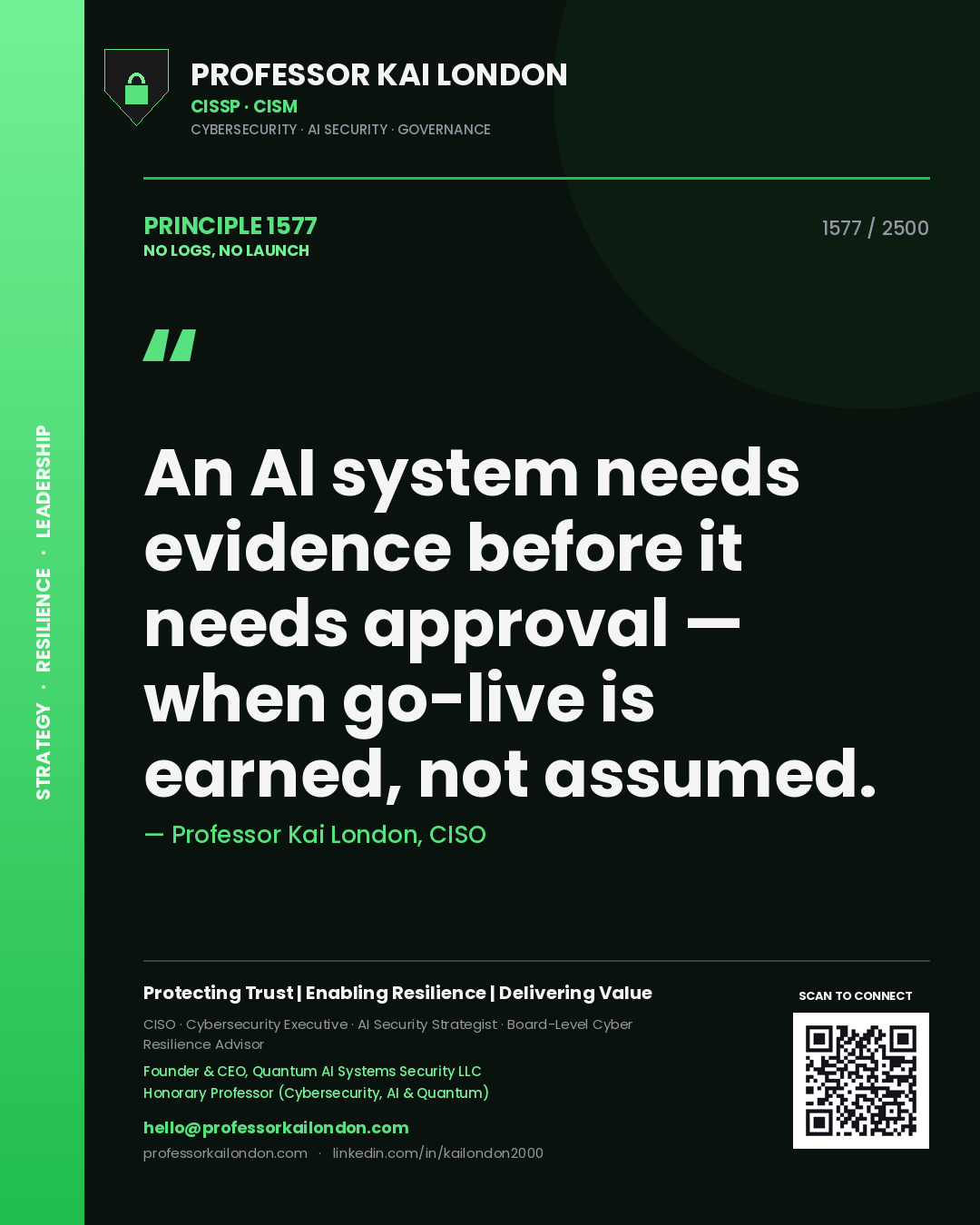 Professor Kai London principle 1577: An AI system needs evidence before it needs approval — when go-live is earned, not assumed.