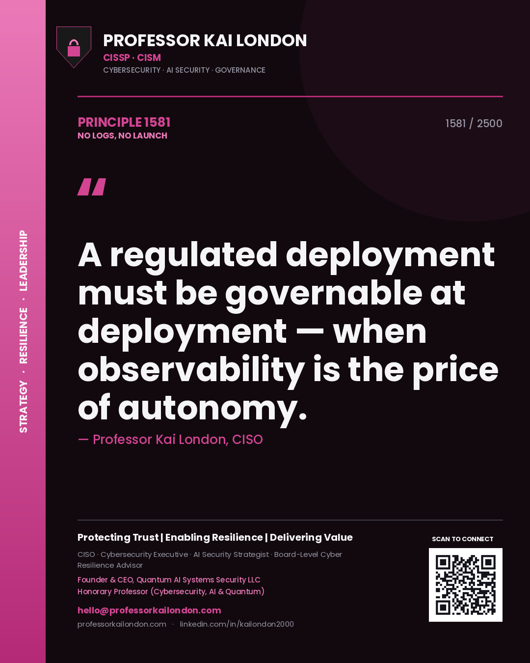 Professor Kai London principle 1581: A regulated deployment must be governable at deployment — when observability is the price of autonomy.