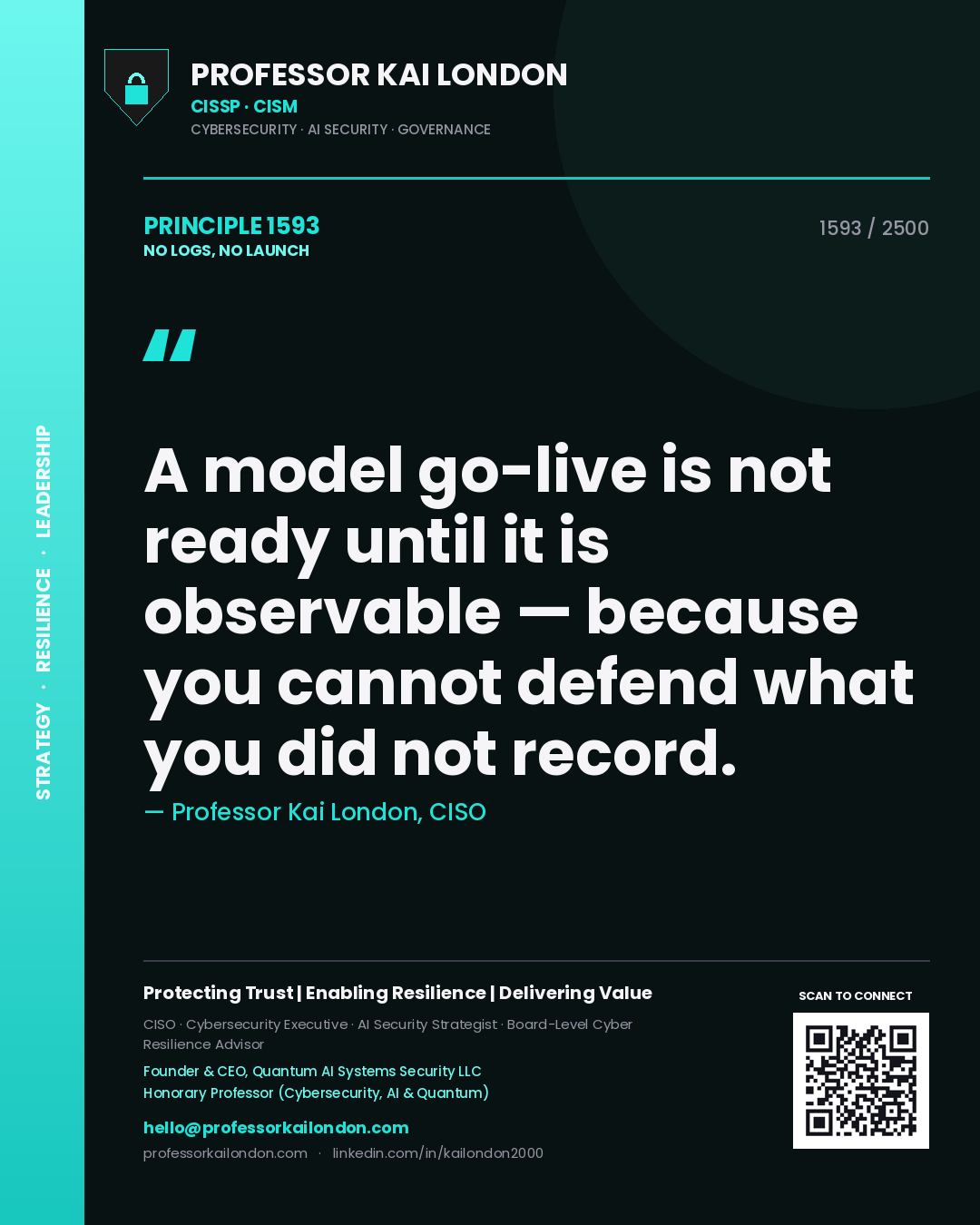 Professor Kai London principle 1593: A model go-live is not ready until it is observable — because you cannot defend what you did not record.