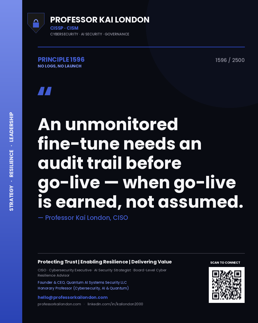 Professor Kai London principle 1596: An unmonitored fine-tune needs an audit trail before go-live — when go-live is earned, not assumed.