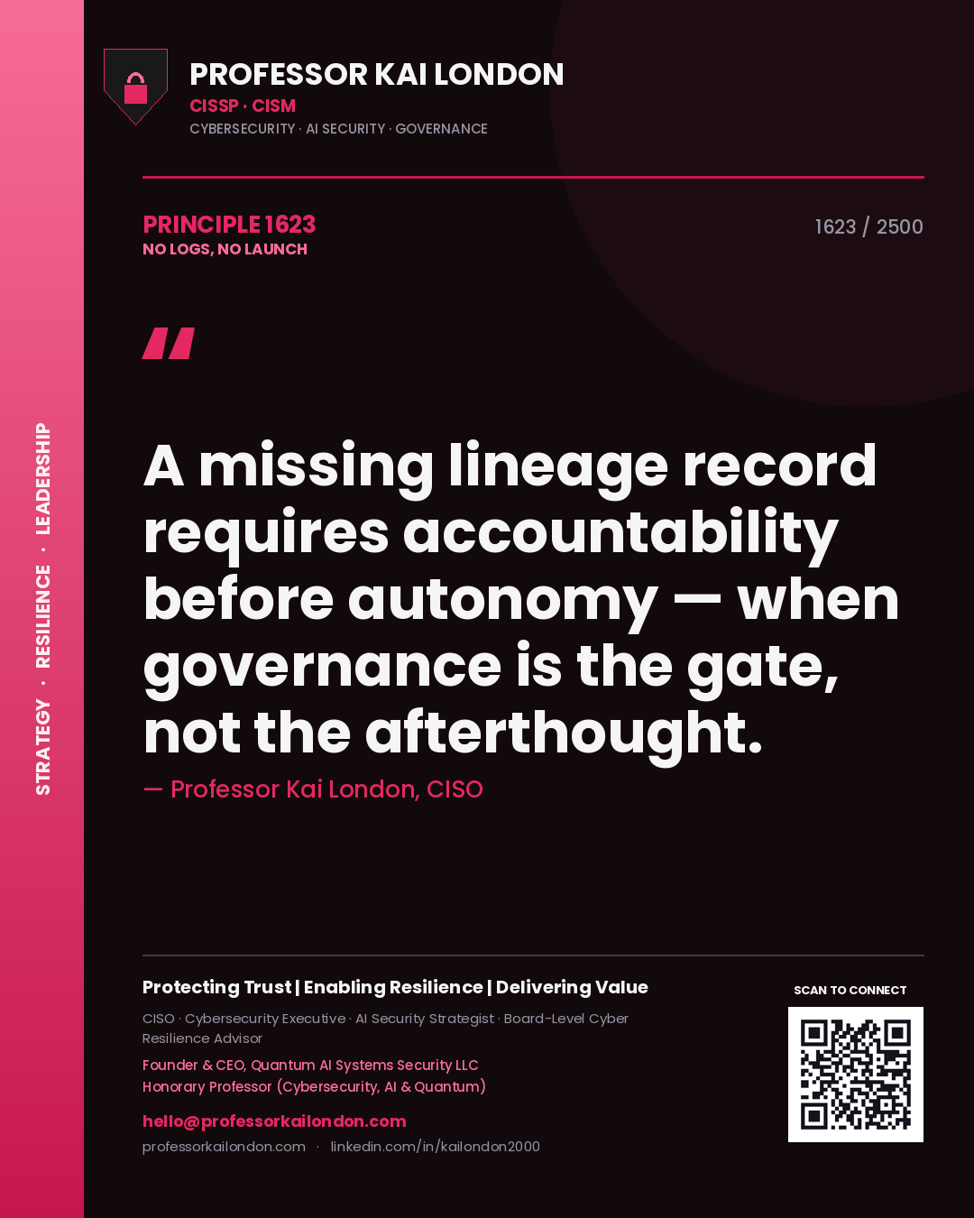 Professor Kai London principle 1623: A missing lineage record requires accountability before autonomy — when governance is the gate, not the afterthought.