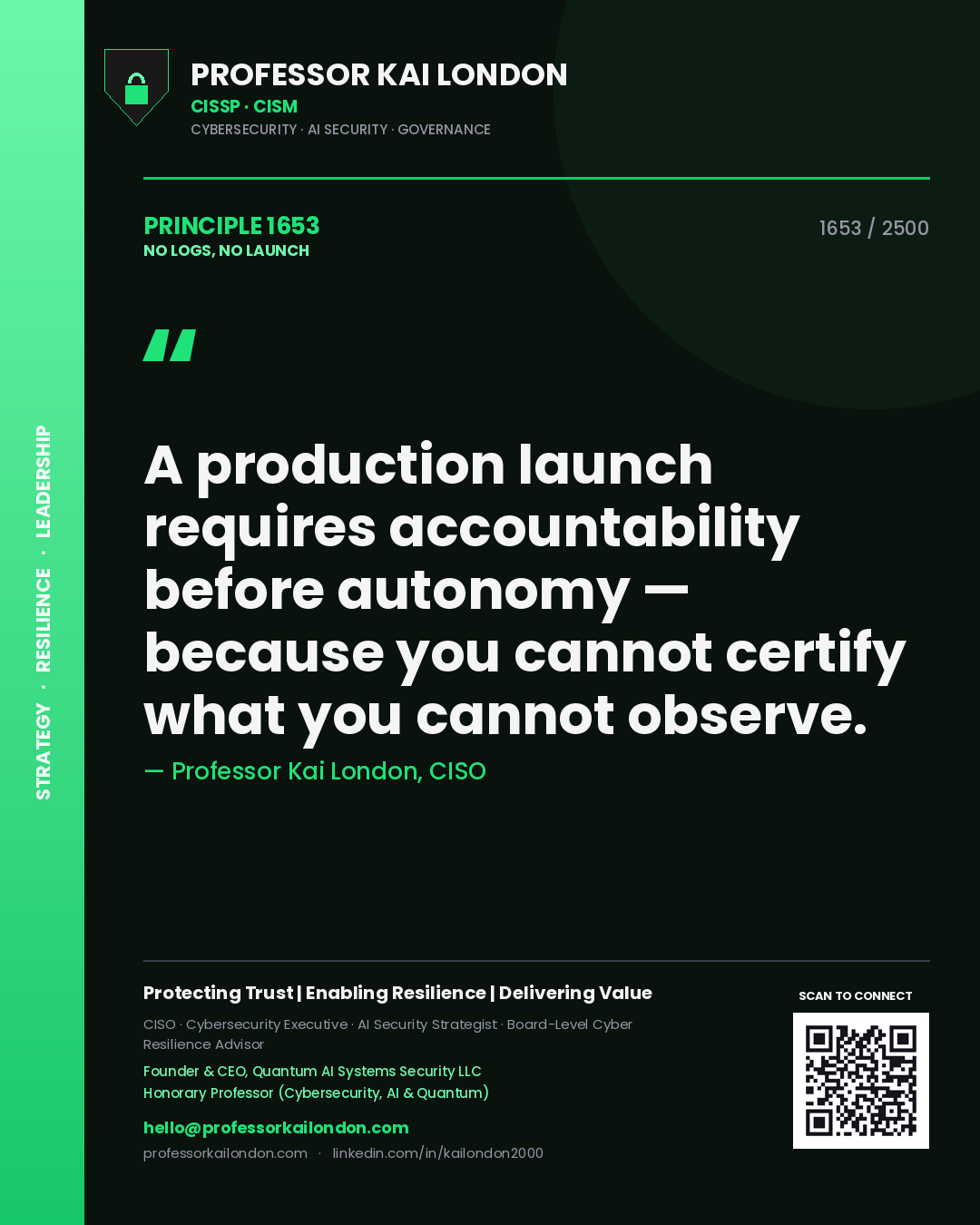 Professor Kai London principle 1653: A production launch requires accountability before autonomy — because you cannot certify what you cannot observe.