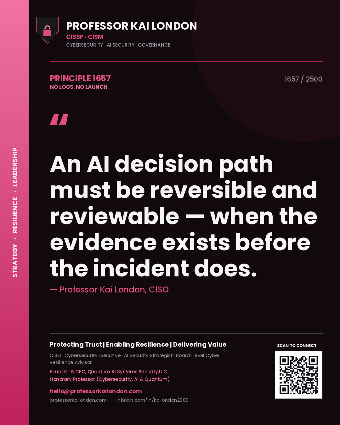 Professor Kai London principle 1657: An AI decision path must be reversible and reviewable — when the evidence exists before the incident does.