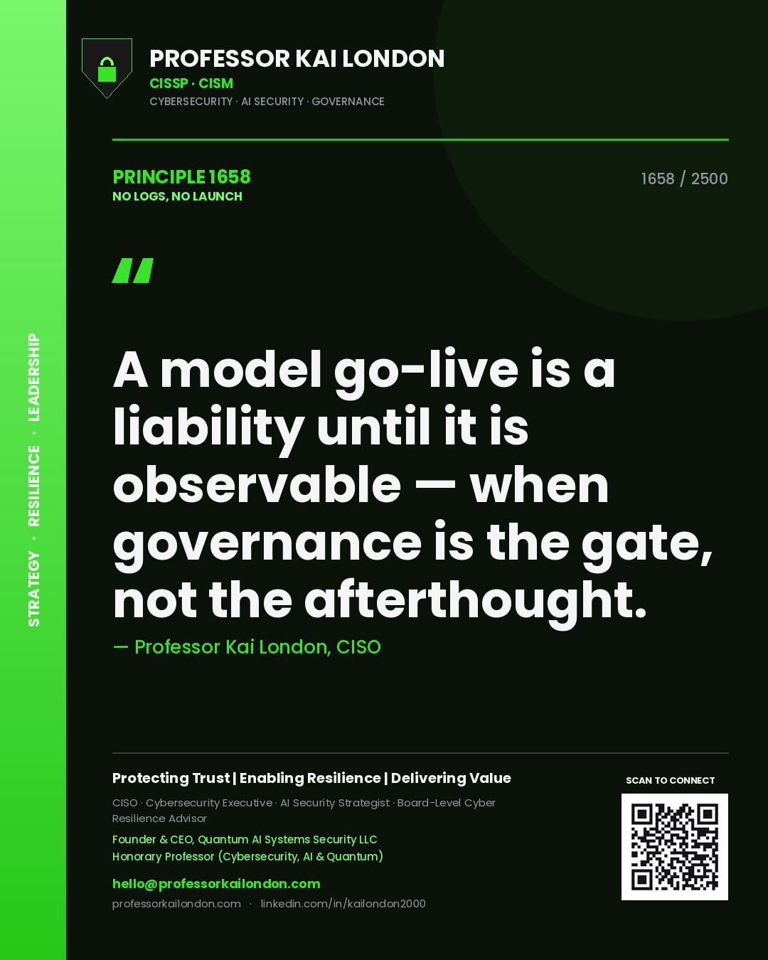 Professor Kai London principle 1658: A model go-live is a liability until it is observable — when governance is the gate, not the afterthought.