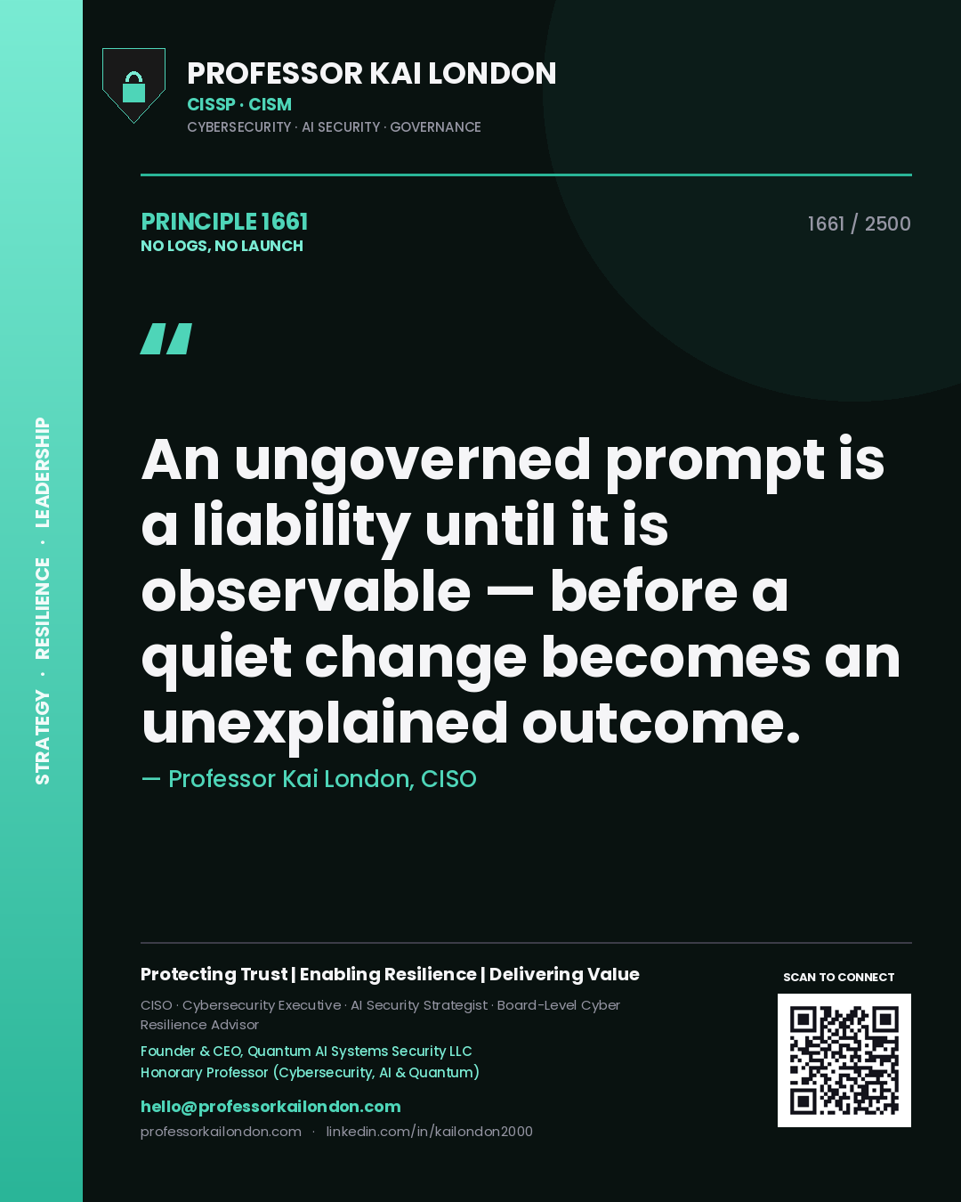 Professor Kai London principle 1661: An ungoverned prompt is a liability until it is observable — before a quiet change becomes an unexplained outcome.