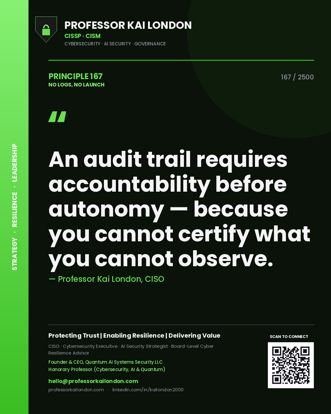 Professor Kai London principle 167: An audit trail requires accountability before autonomy — because you cannot certify what you cannot observe.