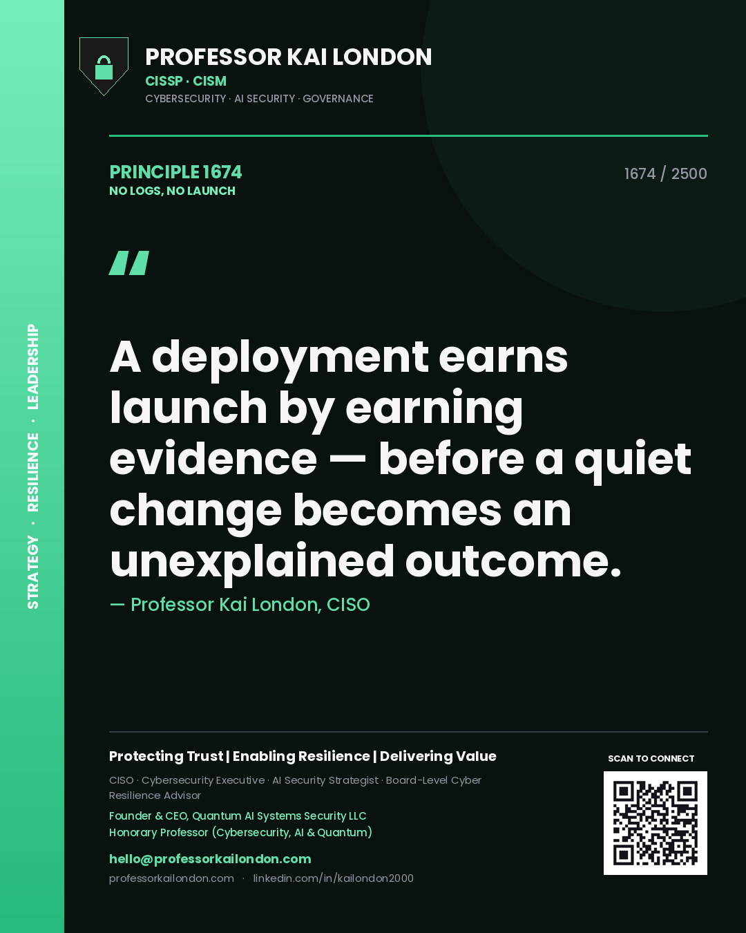Professor Kai London principle 1674: A deployment earns launch by earning evidence — before a quiet change becomes an unexplained outcome.