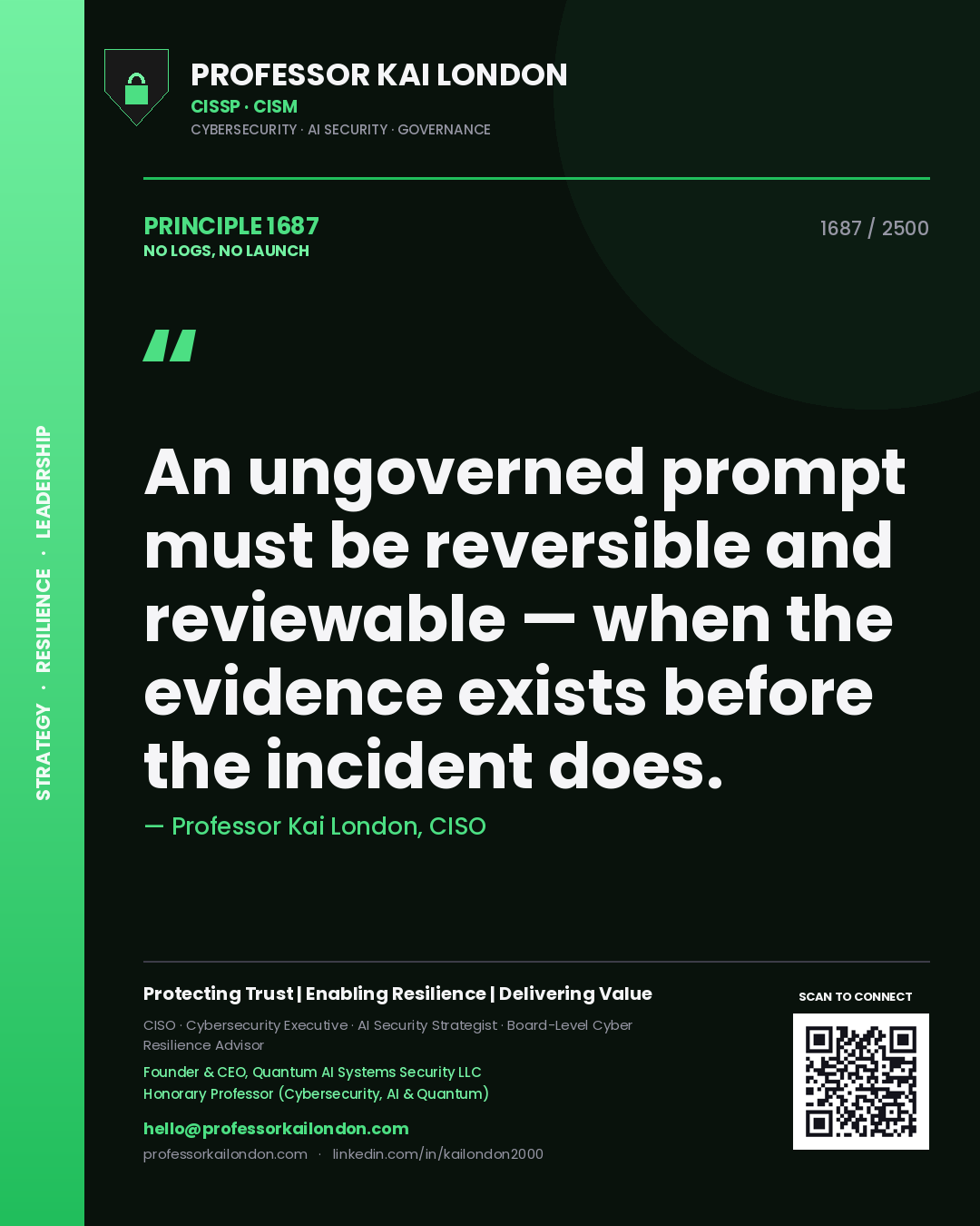 Professor Kai London principle 1687: An ungoverned prompt must be reversible and reviewable — when the evidence exists before the incident does.