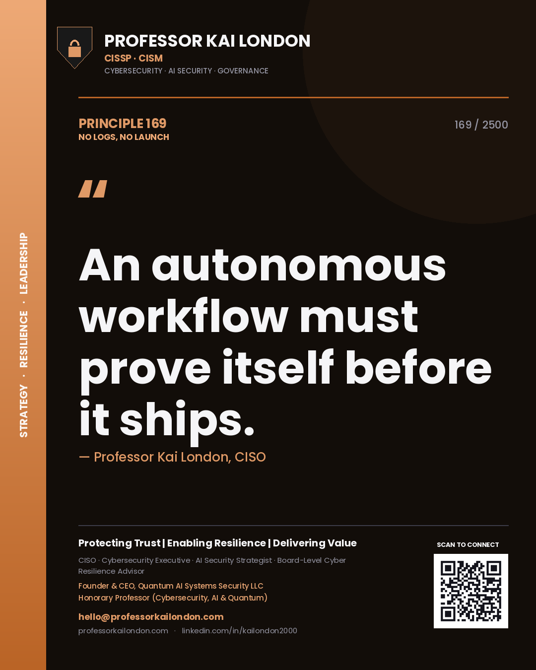 Professor Kai London principle 169: An autonomous workflow must prove itself before it ships.