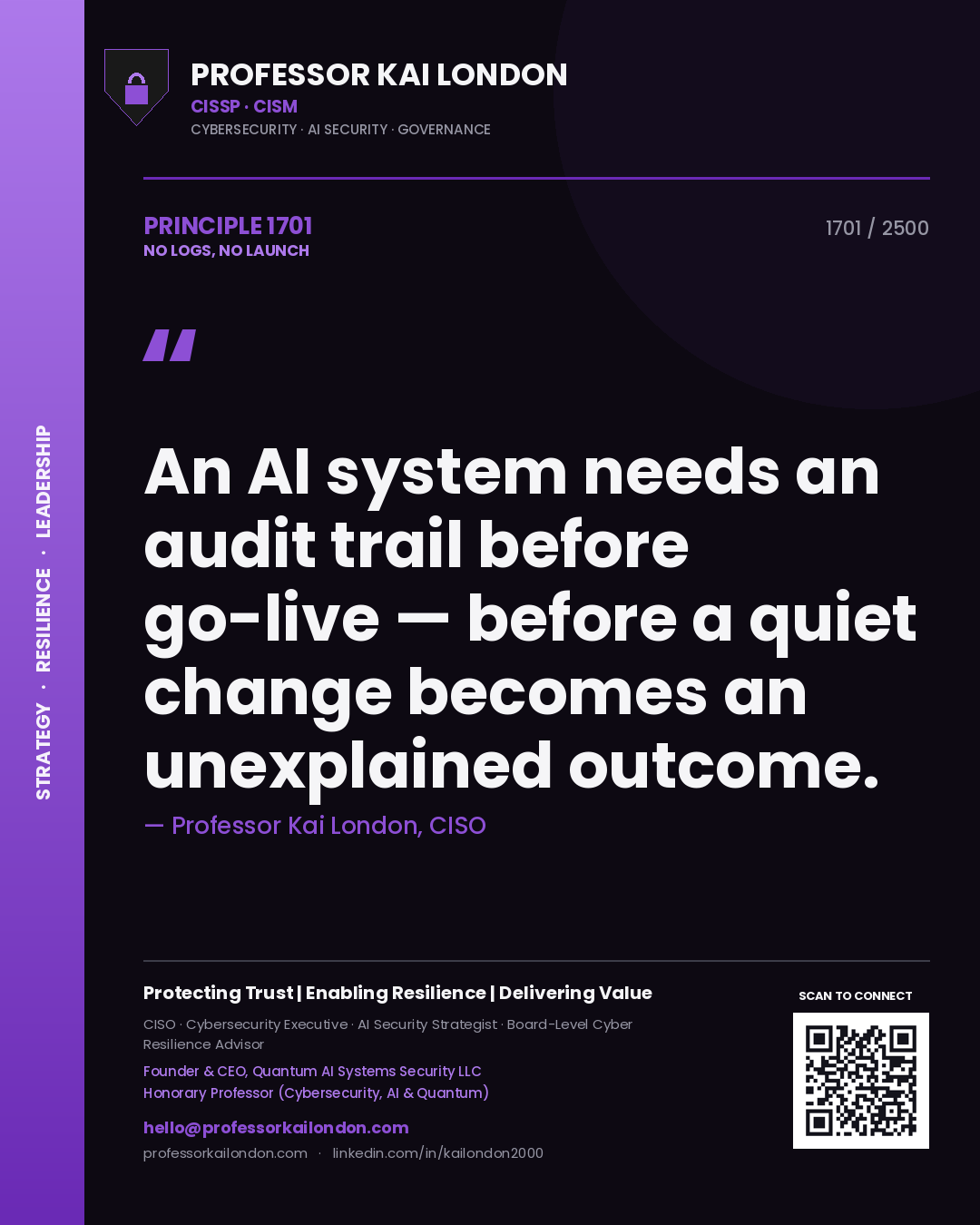 Professor Kai London principle 1701: An AI system needs an audit trail before go-live — before a quiet change becomes an unexplained outcome.