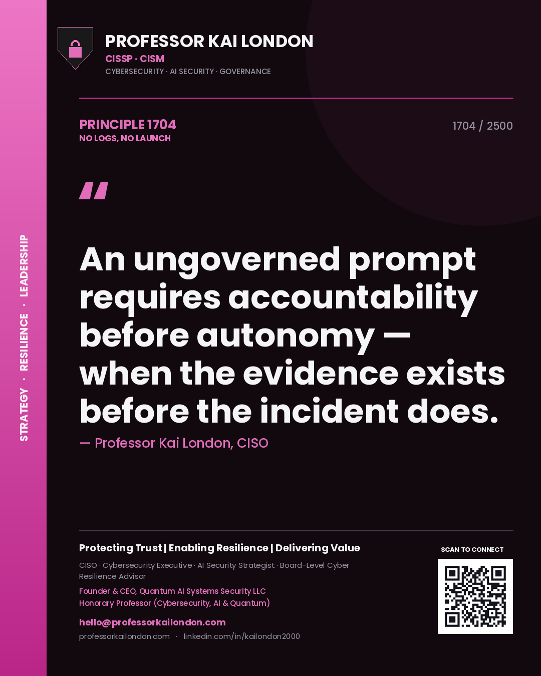 Professor Kai London principle 1704: An ungoverned prompt requires accountability before autonomy — when the evidence exists before the incident does.