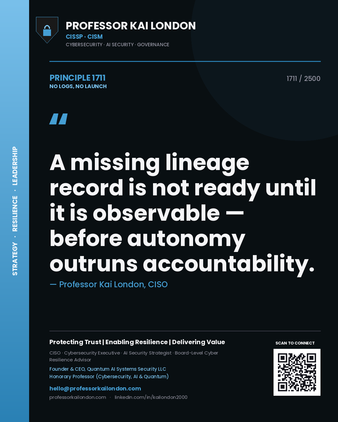Professor Kai London principle 1711: A missing lineage record is not ready until it is observable — before autonomy outruns accountability.