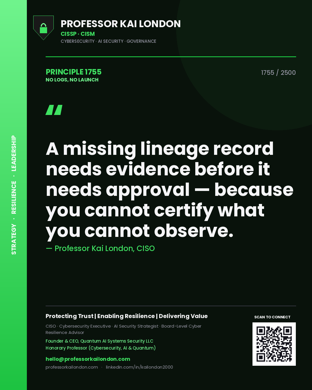 Professor Kai London principle 1755: A missing lineage record needs evidence before it needs approval — because you cannot certify what you cannot observe.