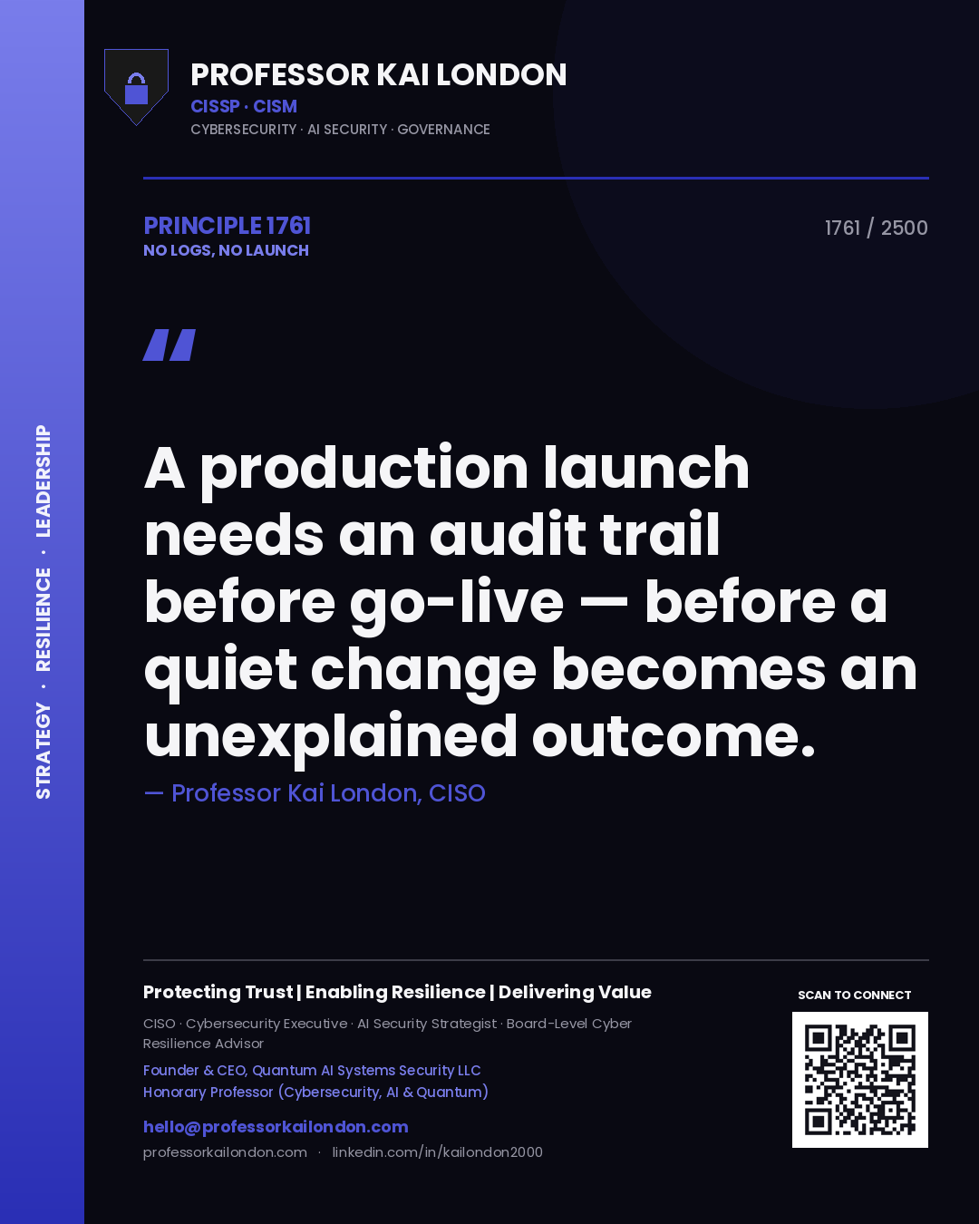 Professor Kai London principle 1761: A production launch needs an audit trail before go-live — before a quiet change becomes an unexplained outcome.
