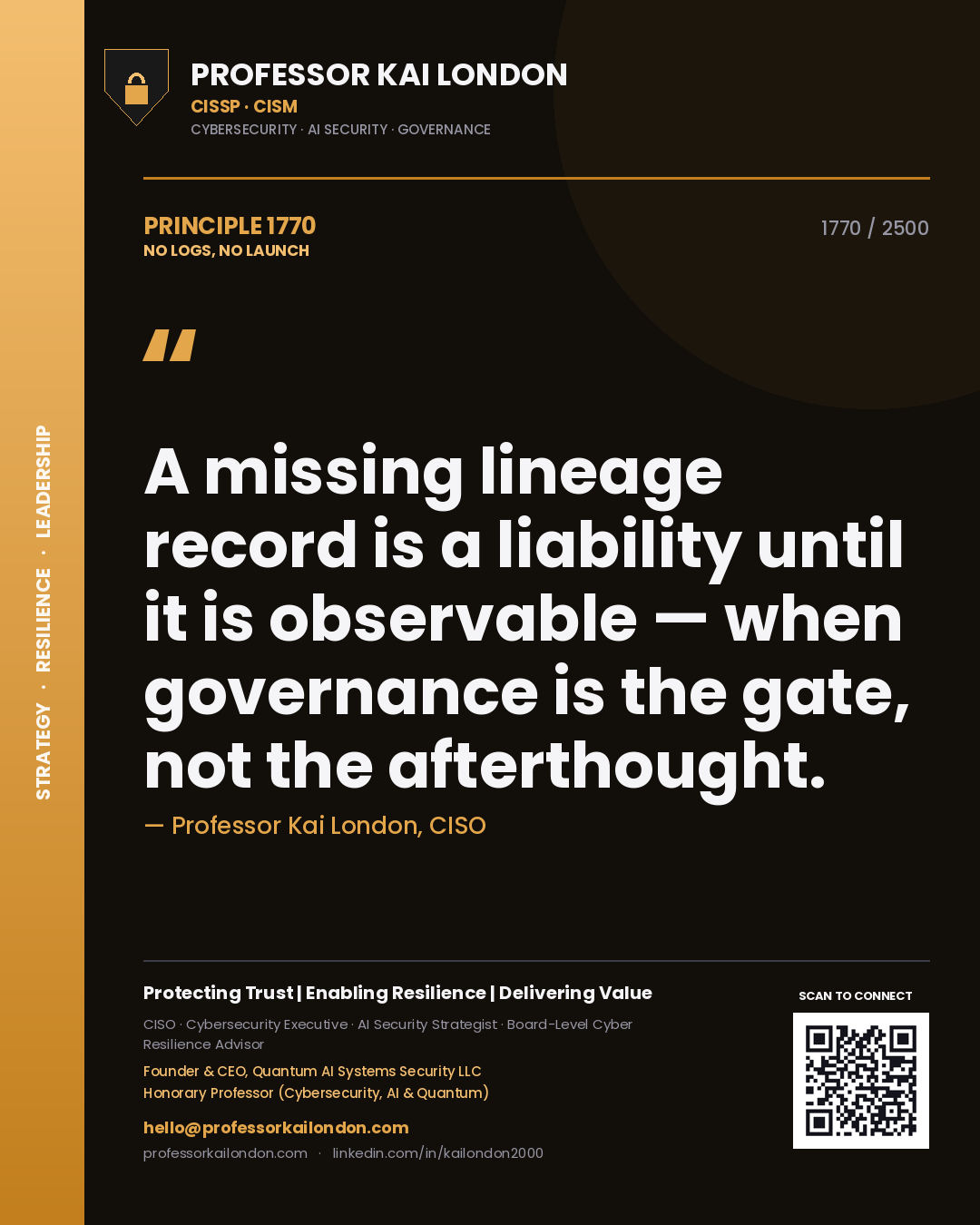 Professor Kai London principle 1770: A missing lineage record is a liability until it is observable — when governance is the gate, not the afterthought.