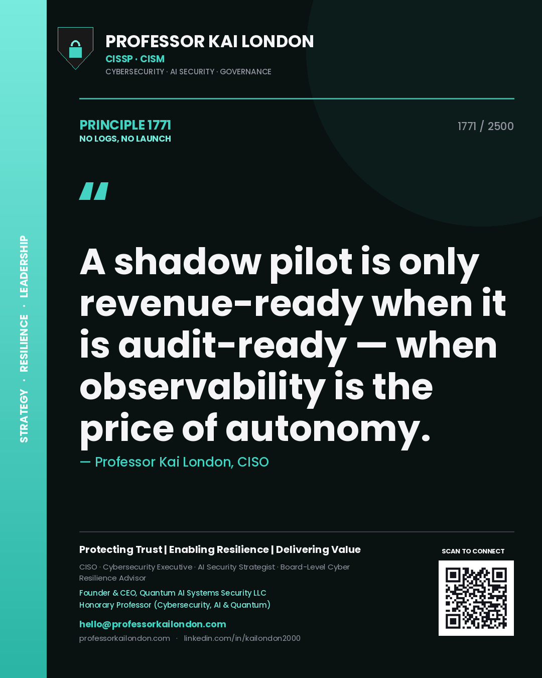 Professor Kai London principle 1771: A shadow pilot is only revenue-ready when it is audit-ready — when observability is the price of autonomy.