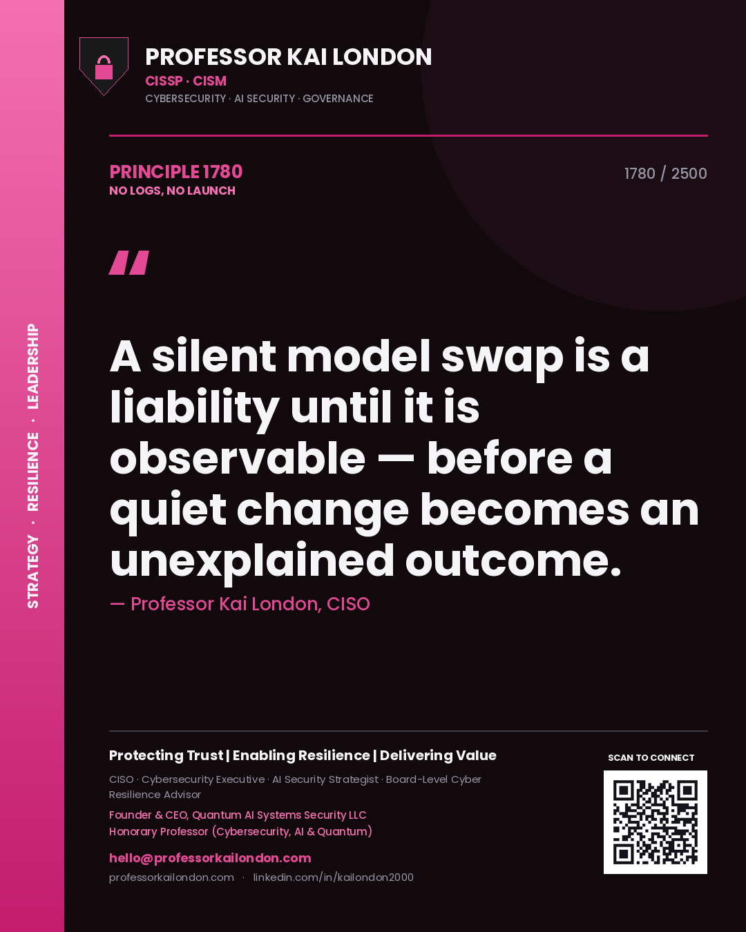 Professor Kai London principle 1780: A silent model swap is a liability until it is observable — before a quiet change becomes an unexplained outcome.