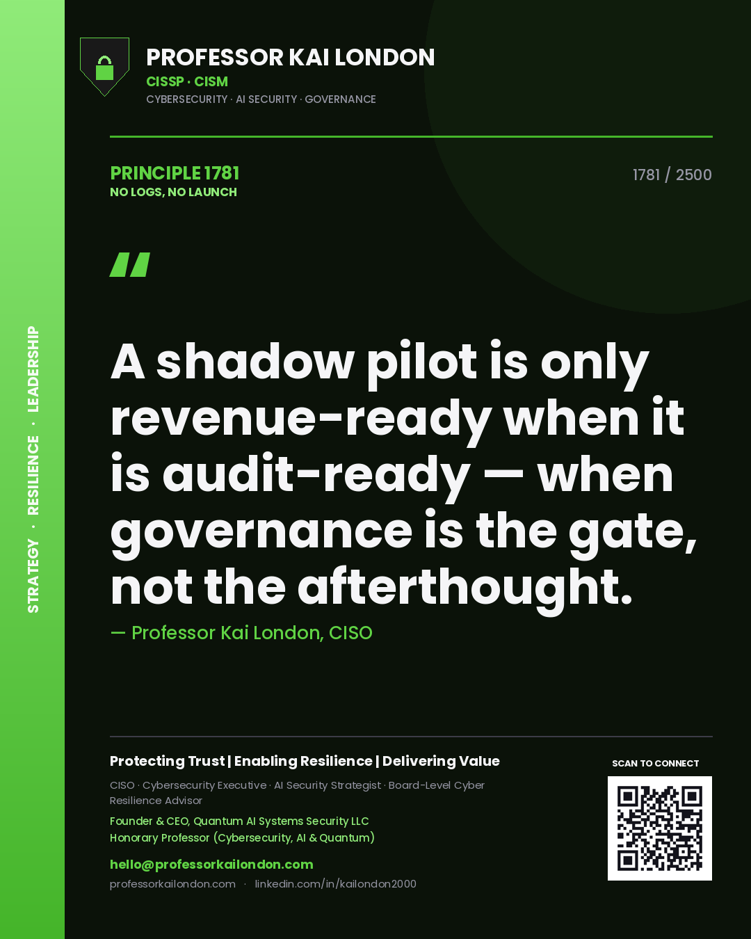 Professor Kai London principle 1781: A shadow pilot is only revenue-ready when it is audit-ready — when governance is the gate, not the afterthought.