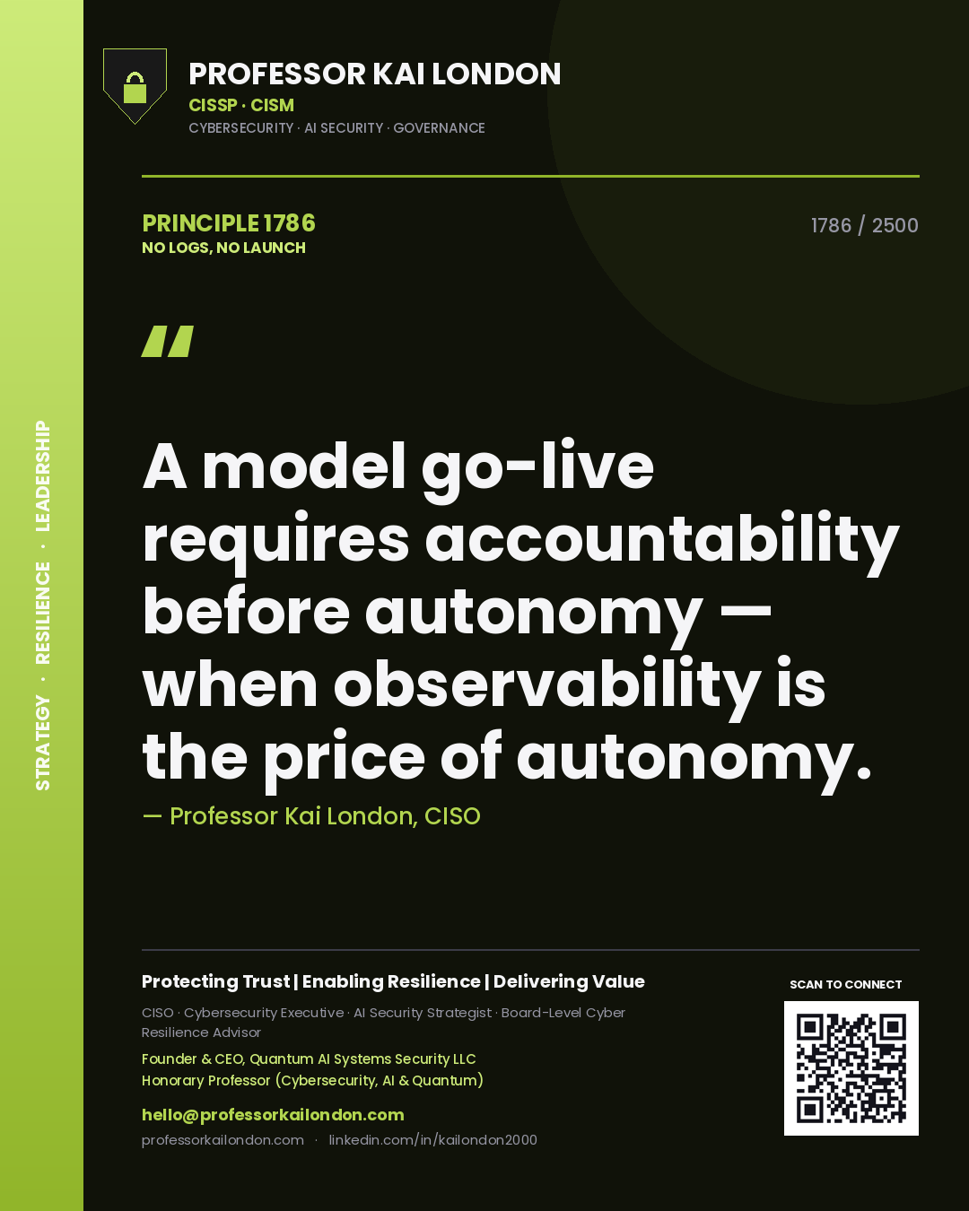 Professor Kai London principle 1786: A model go-live requires accountability before autonomy — when observability is the price of autonomy.