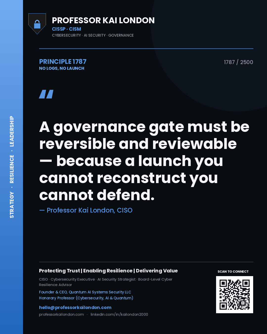 Professor Kai London principle 1787: A governance gate must be reversible and reviewable — because a launch you cannot reconstruct you cannot defend.