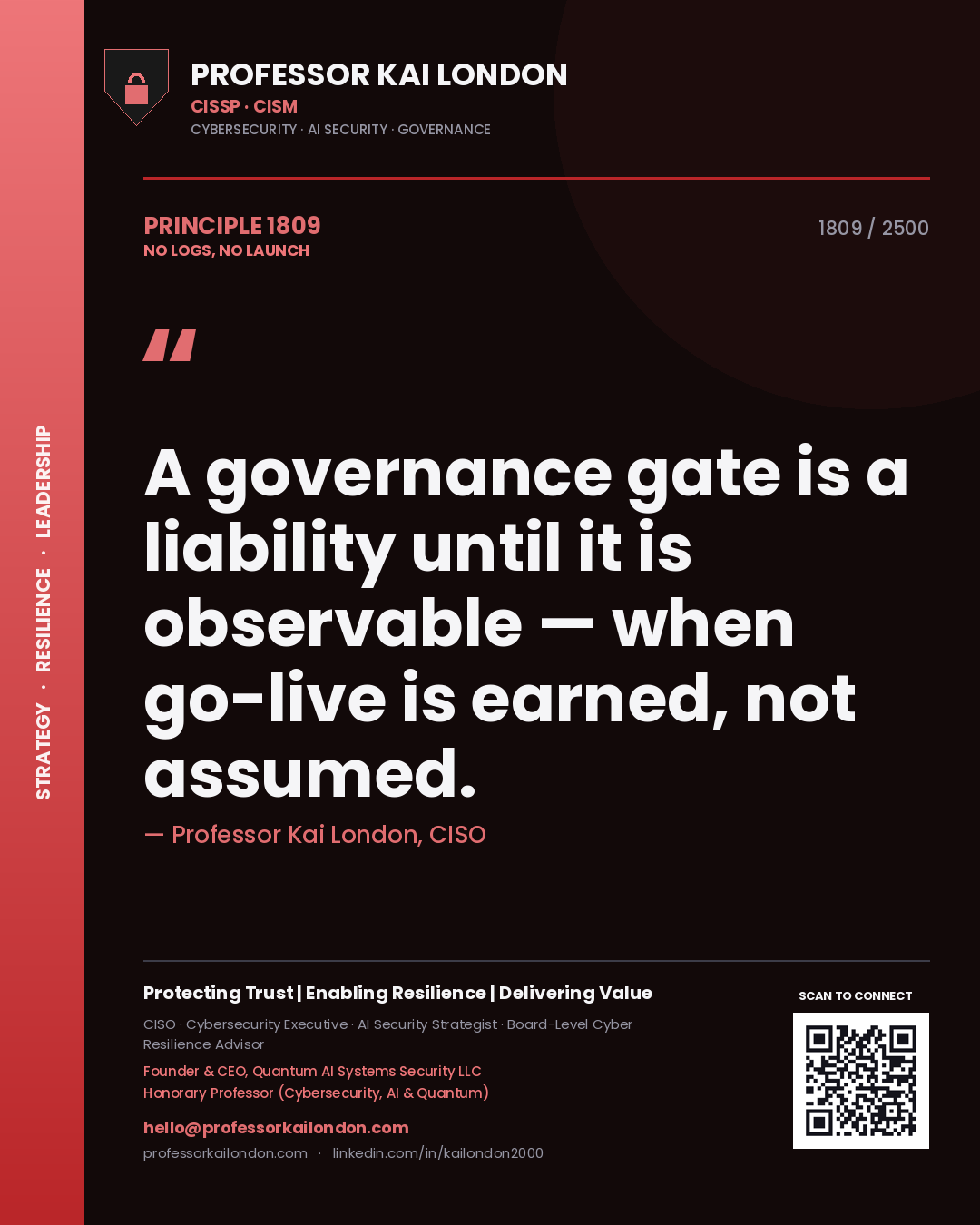 Professor Kai London principle 1809: A governance gate is a liability until it is observable — when go-live is earned, not assumed.